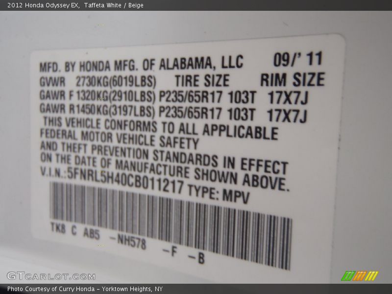 Taffeta White / Beige 2012 Honda Odyssey EX
