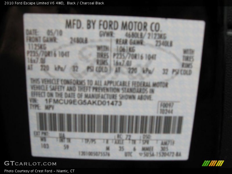Black / Charcoal Black 2010 Ford Escape Limited V6 4WD