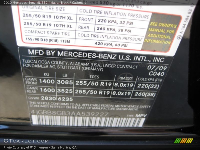 Black / Cashmere 2010 Mercedes-Benz ML 350 4Matic