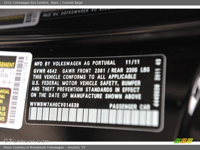 Black / Cornsilk Beige 2012 Volkswagen Eos Komfort