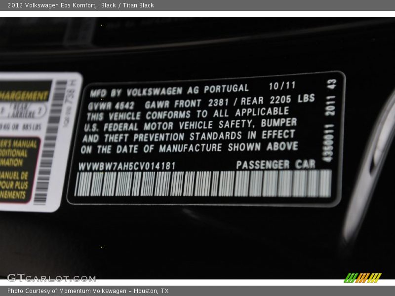 Black / Titan Black 2012 Volkswagen Eos Komfort