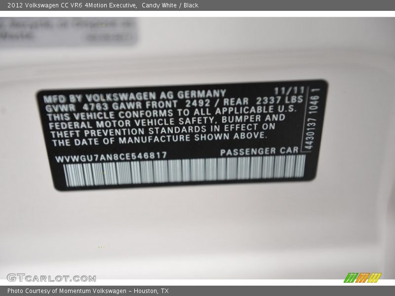 Candy White / Black 2012 Volkswagen CC VR6 4Motion Executive
