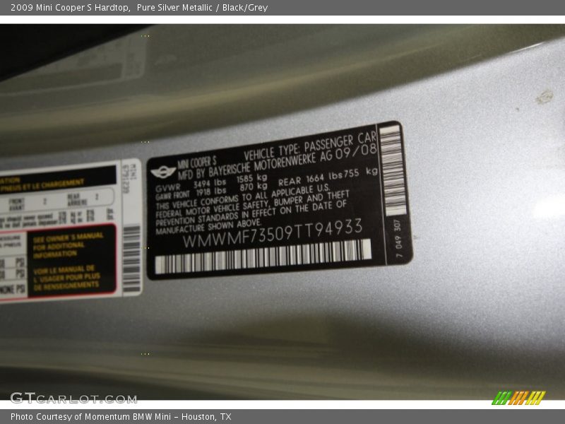 Pure Silver Metallic / Black/Grey 2009 Mini Cooper S Hardtop