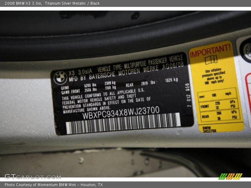 Titanium Silver Metallic / Black 2008 BMW X3 3.0si