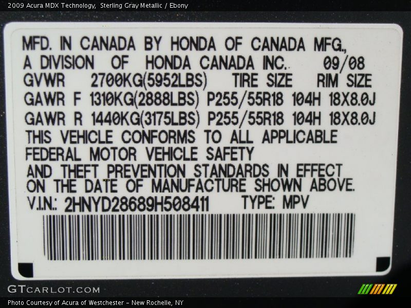 Sterling Gray Metallic / Ebony 2009 Acura MDX Technology