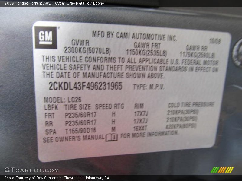 Cyber Gray Metallic / Ebony 2009 Pontiac Torrent AWD