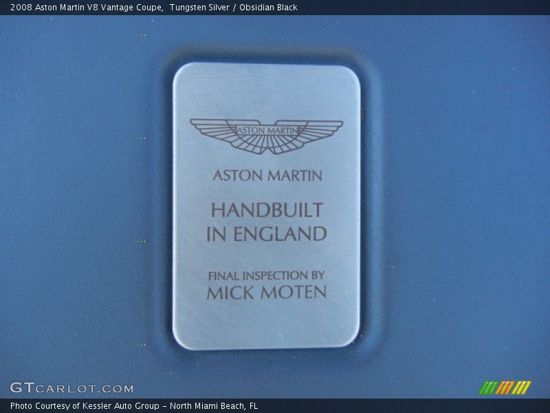 Info Tag of 2008 V8 Vantage Coupe