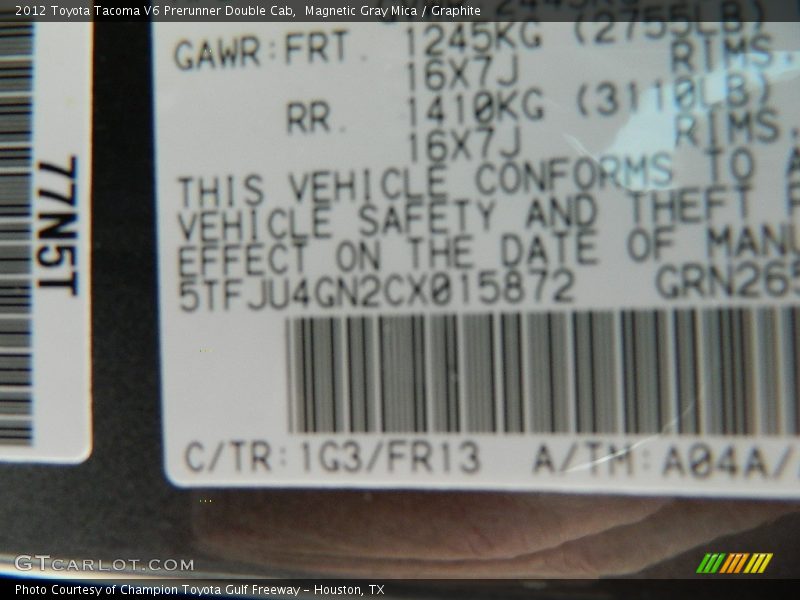 Magnetic Gray Mica / Graphite 2012 Toyota Tacoma V6 Prerunner Double Cab