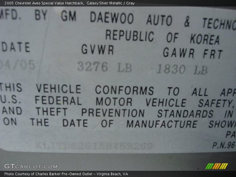 Galaxy Silver Metallic / Gray 2005 Chevrolet Aveo Special Value Hatchback