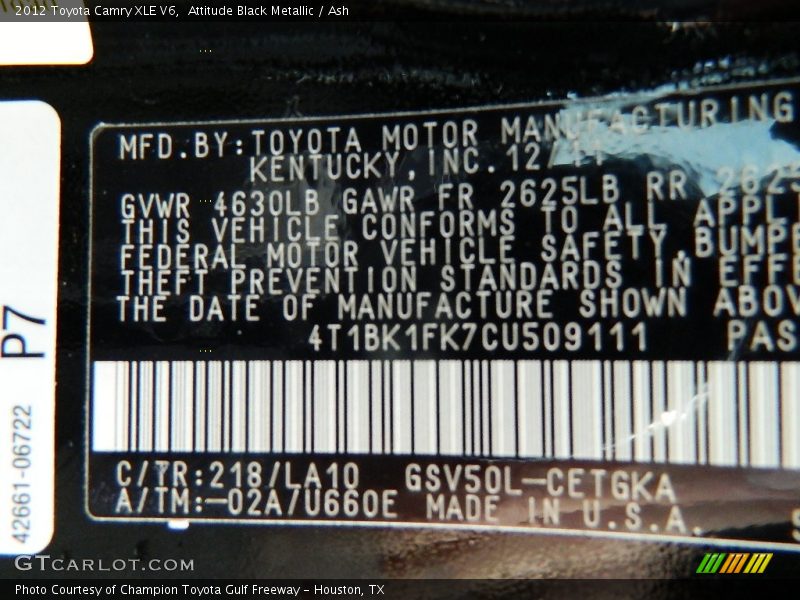 Attitude Black Metallic / Ash 2012 Toyota Camry XLE V6