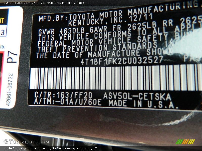Magnetic Gray Metallic / Black 2012 Toyota Camry SE