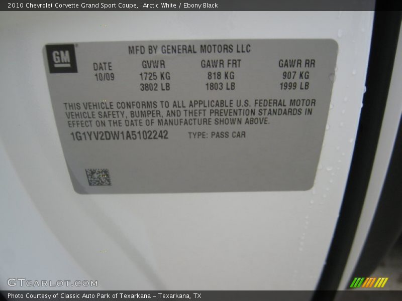 Arctic White / Ebony Black 2010 Chevrolet Corvette Grand Sport Coupe