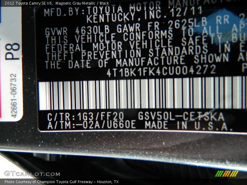 Magnetic Gray Metallic / Black 2012 Toyota Camry SE V6