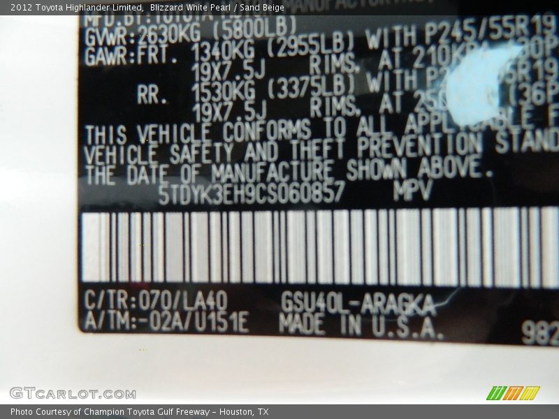 Blizzard White Pearl / Sand Beige 2012 Toyota Highlander Limited