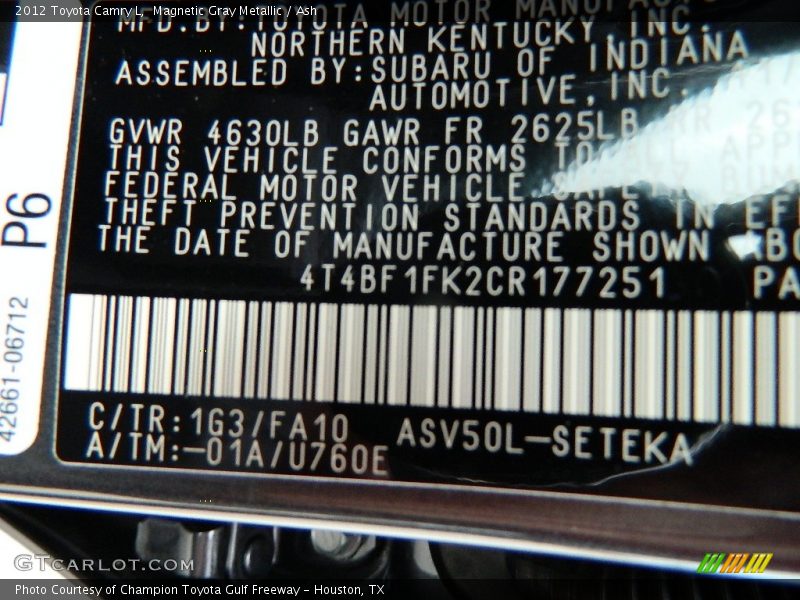 Magnetic Gray Metallic / Ash 2012 Toyota Camry L