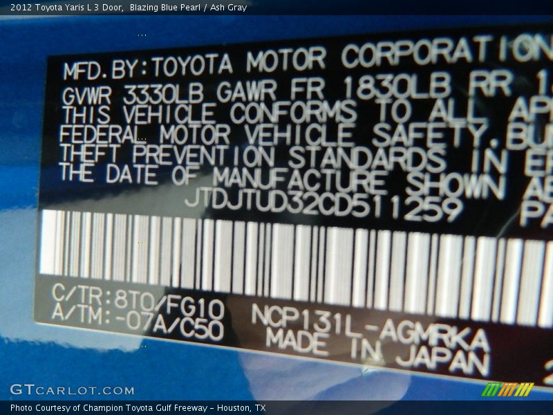 Blazing Blue Pearl / Ash Gray 2012 Toyota Yaris L 3 Door