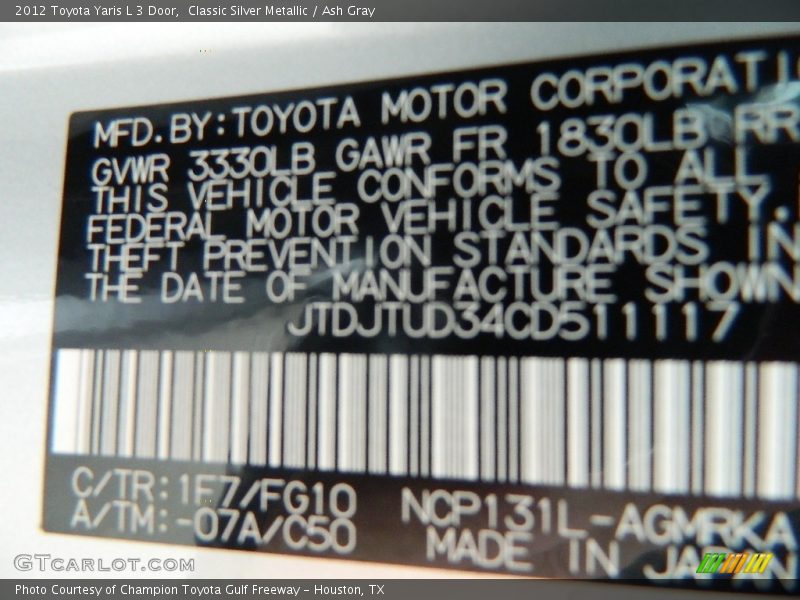 Classic Silver Metallic / Ash Gray 2012 Toyota Yaris L 3 Door