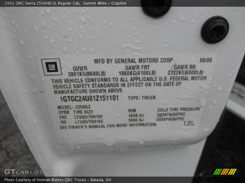 Summit White / Graphite 2001 GMC Sierra 2500HD SL Regular Cab