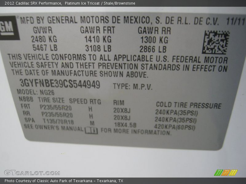 Platinum Ice Tricoat / Shale/Brownstone 2012 Cadillac SRX Performance