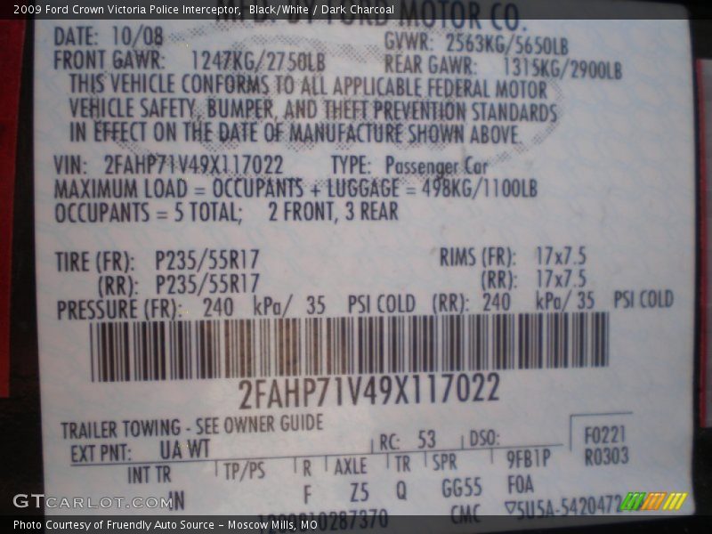 2009 Crown Victoria Police Interceptor Black/White Color Code UA WT