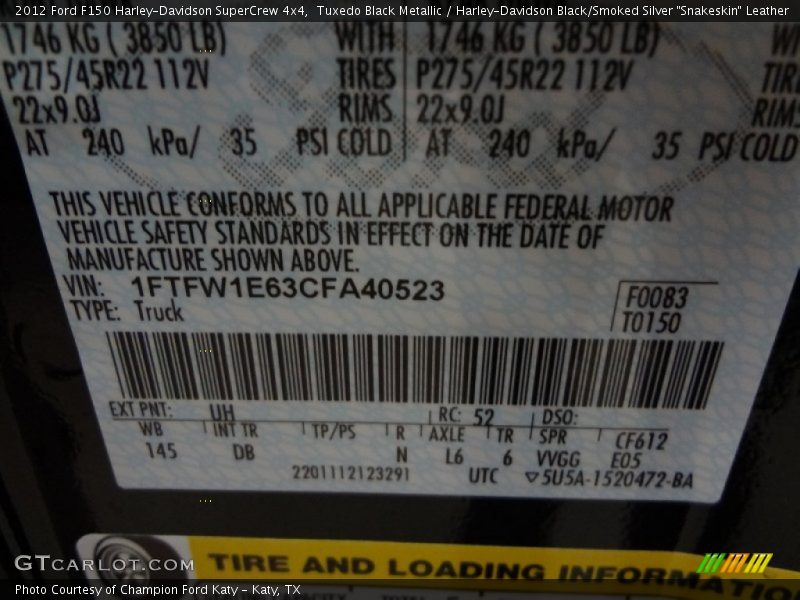 2012 F150 Harley-Davidson SuperCrew 4x4 Tuxedo Black Metallic Color Code UH