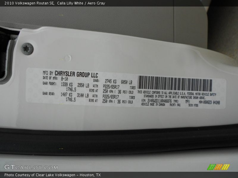 Calla Lilly White / Aero Gray 2010 Volkswagen Routan SE