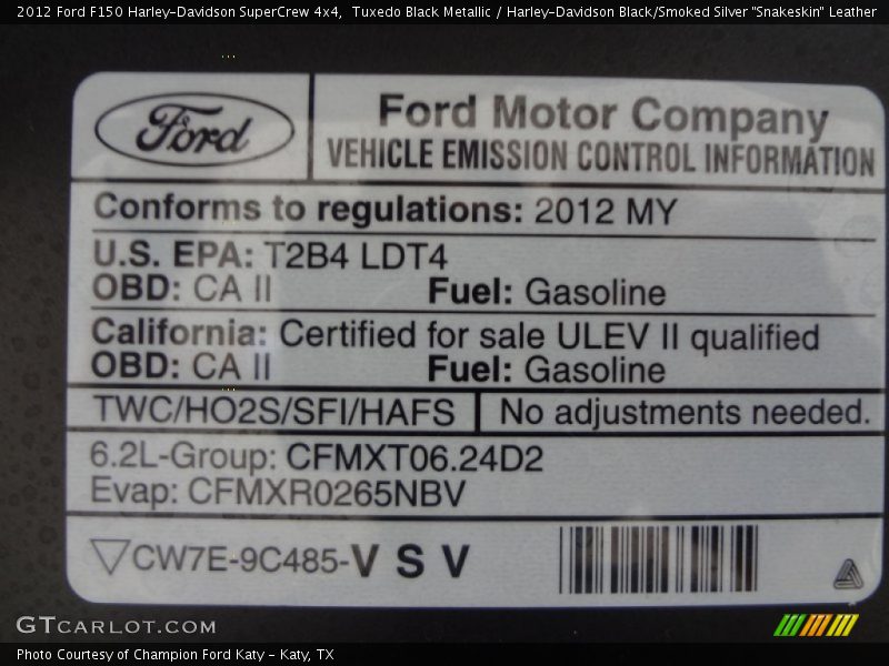 Info Tag of 2012 F150 Harley-Davidson SuperCrew 4x4