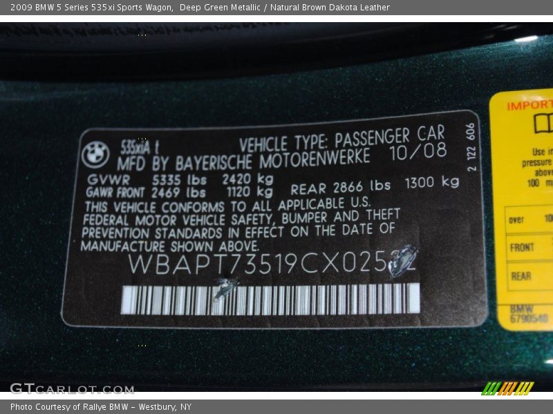 Info Tag of 2009 5 Series 535xi Sports Wagon