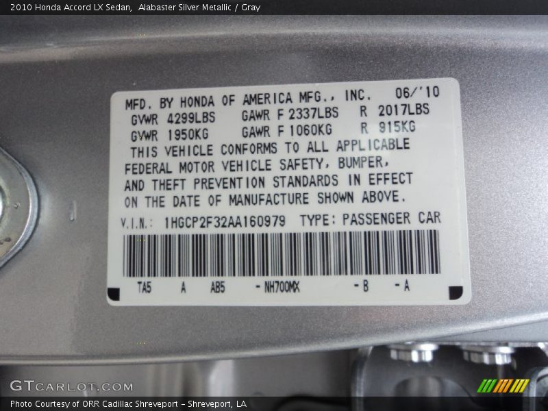 2010 Accord LX Sedan Alabaster Silver Metallic Color Code NH700MX