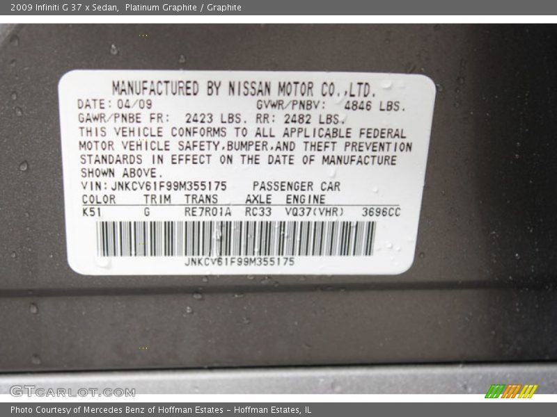 Platinum Graphite / Graphite 2009 Infiniti G 37 x Sedan
