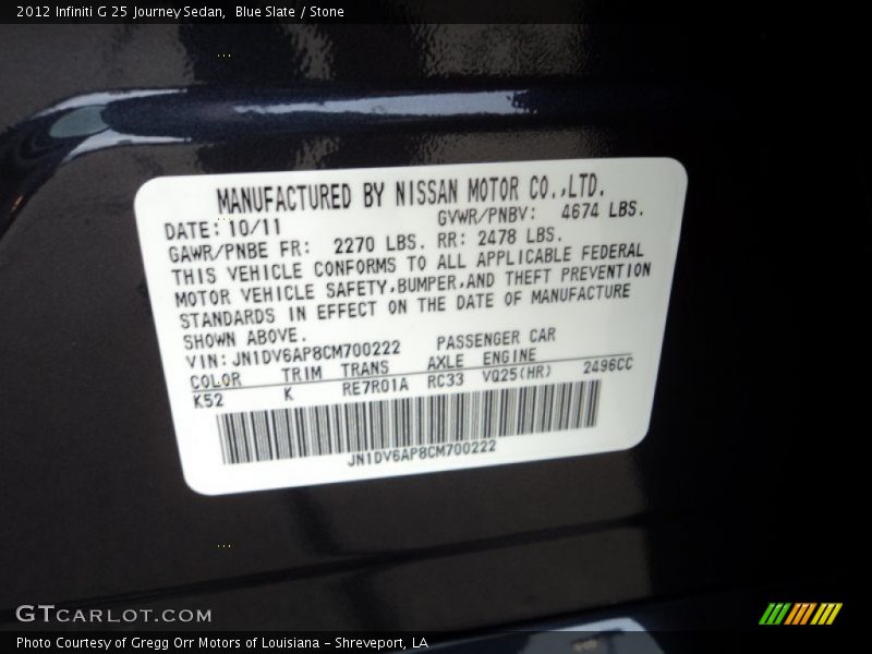 Blue Slate / Stone 2012 Infiniti G 25 Journey Sedan