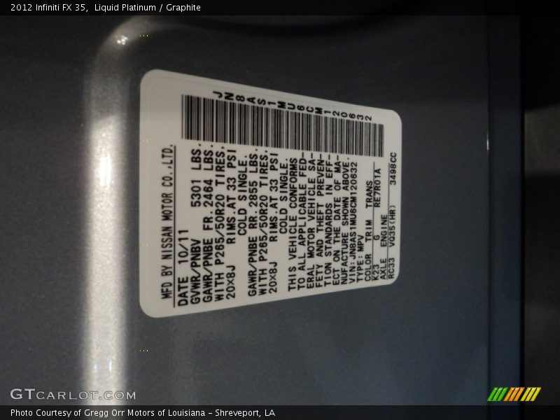 Liquid Platinum / Graphite 2012 Infiniti FX 35