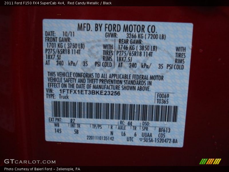 2011 F150 FX4 SuperCab 4x4 Red Candy Metallic Color Code RZ