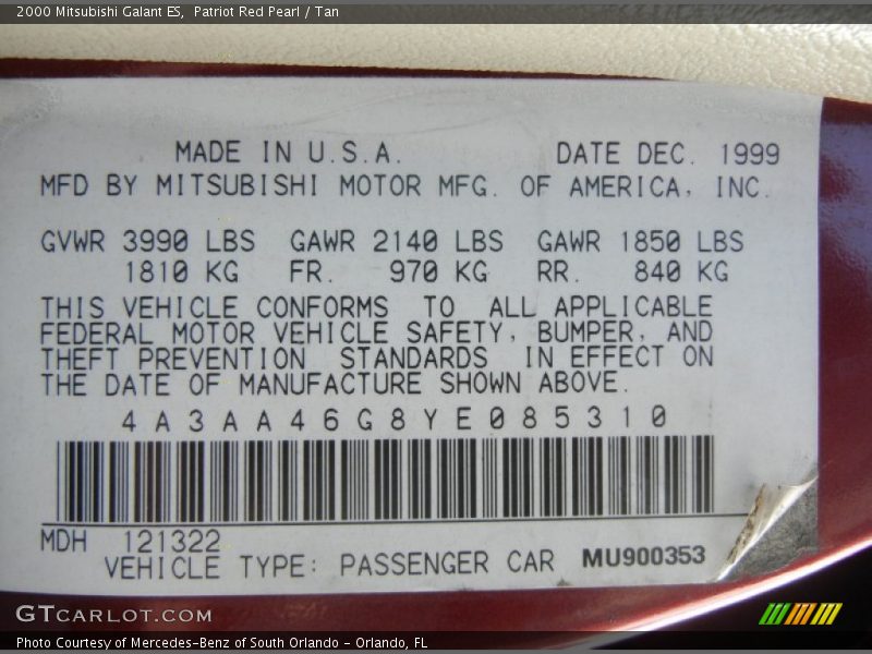Patriot Red Pearl / Tan 2000 Mitsubishi Galant ES