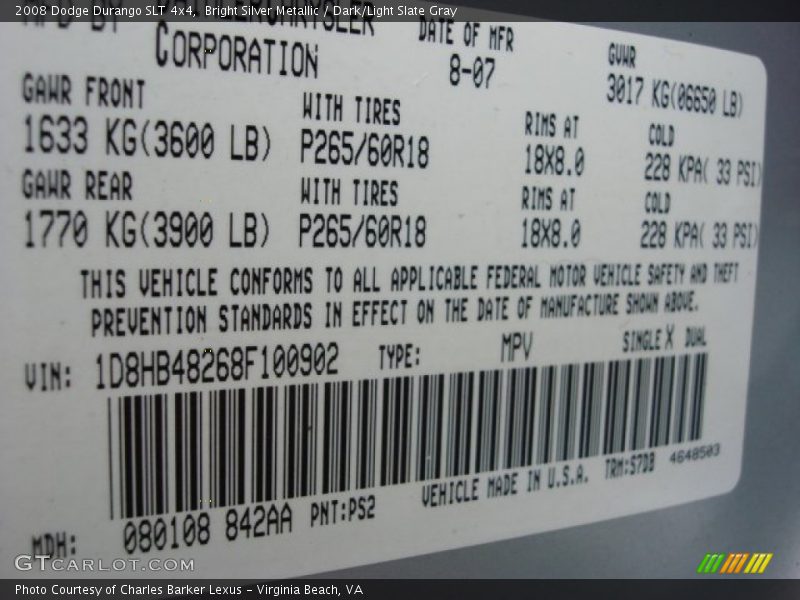 Bright Silver Metallic / Dark/Light Slate Gray 2008 Dodge Durango SLT 4x4