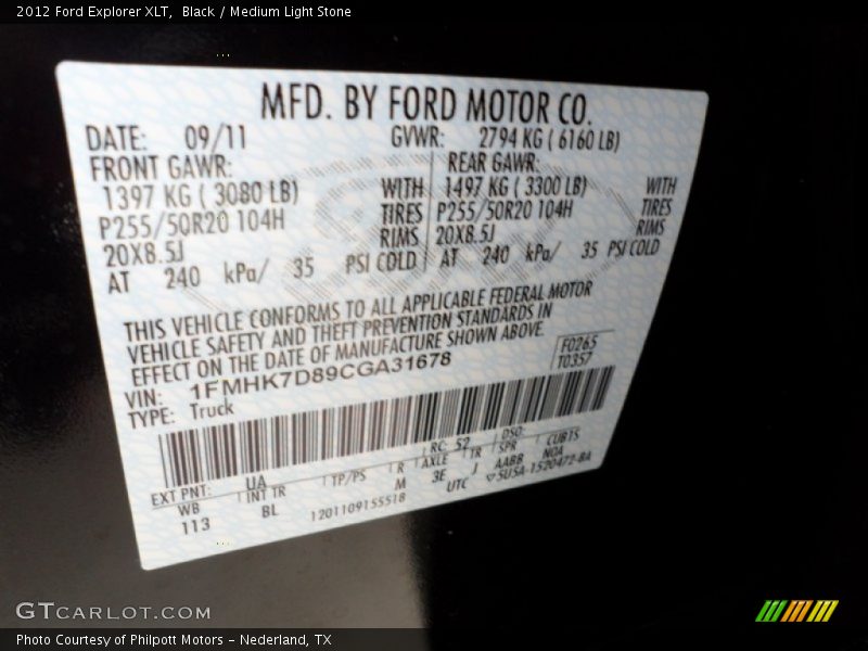 2012 Explorer XLT Black Color Code UA