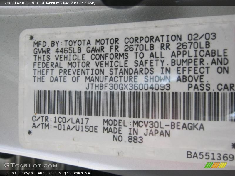 Millennium Silver Metallic / Ivory 2003 Lexus ES 300
