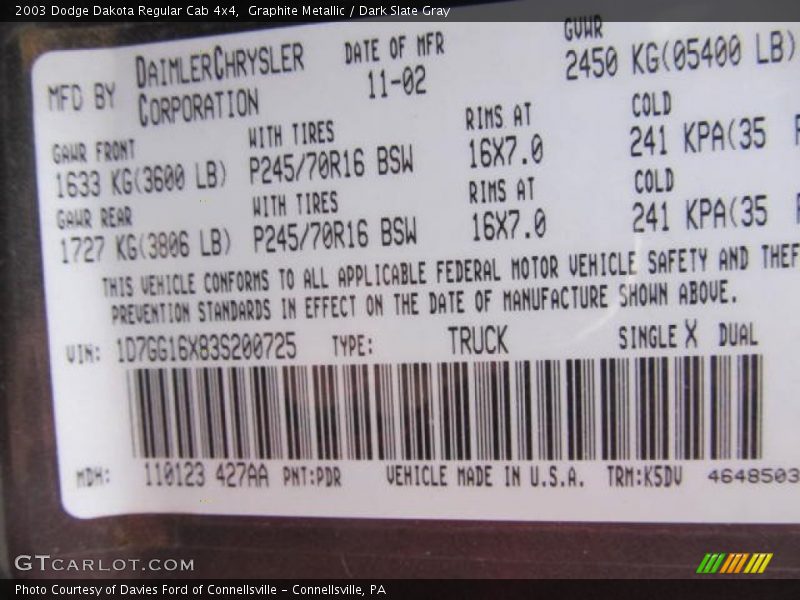 2003 Dakota Regular Cab 4x4 Graphite Metallic Color Code PDR