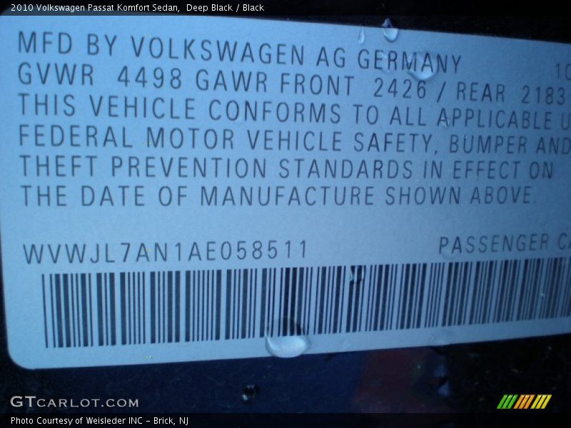 Deep Black / Black 2010 Volkswagen Passat Komfort Sedan