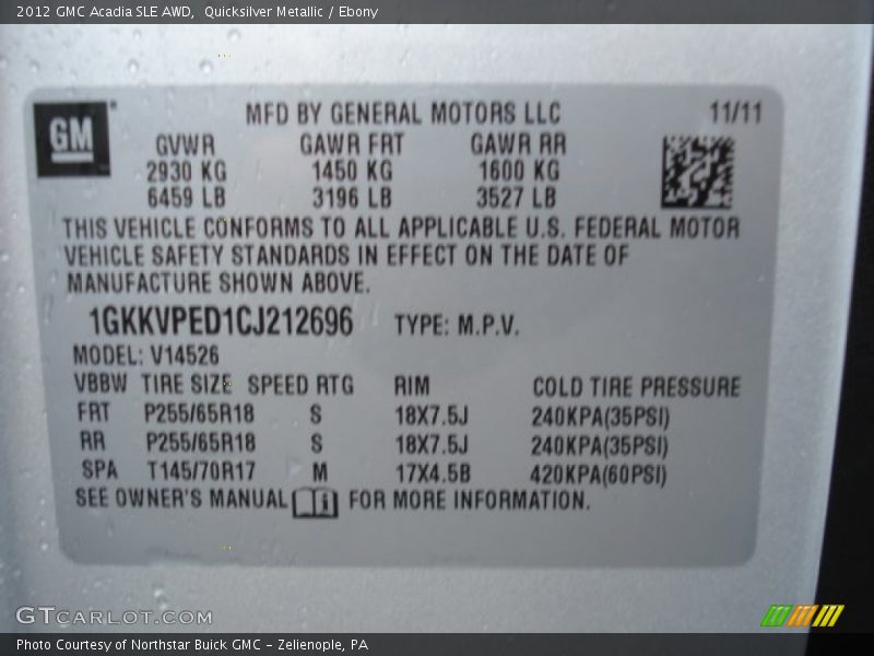 Quicksilver Metallic / Ebony 2012 GMC Acadia SLE AWD