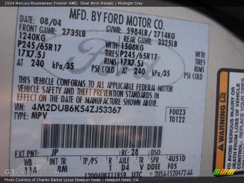 Silver Birch Metallic / Midnight Grey 2004 Mercury Mountaineer Premier AWD