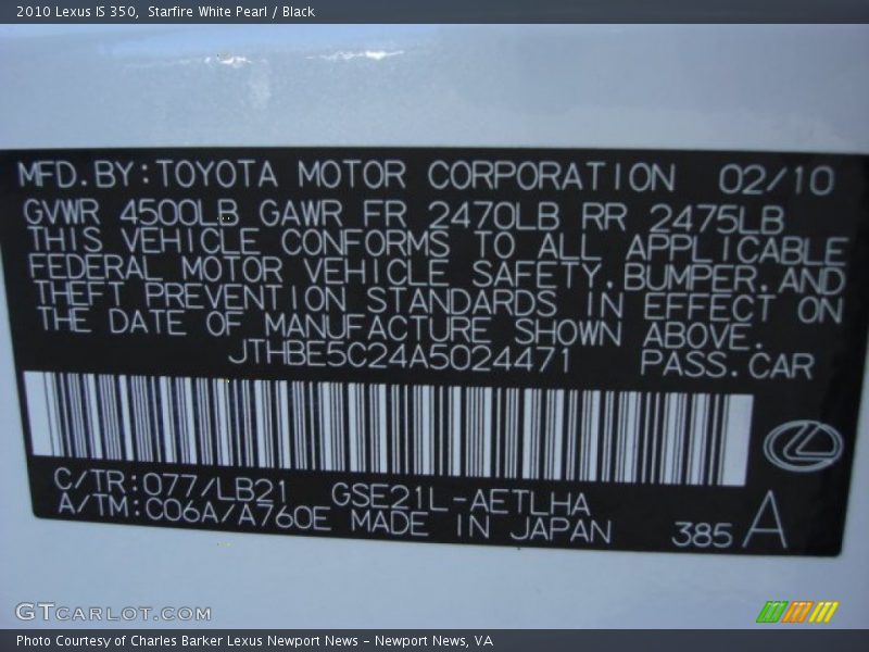 2010 IS 350 Starfire White Pearl Color Code 077
