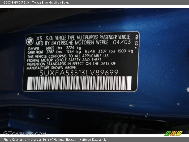 Topaz Blue Metallic / Beige 2003 BMW X5 3.0i