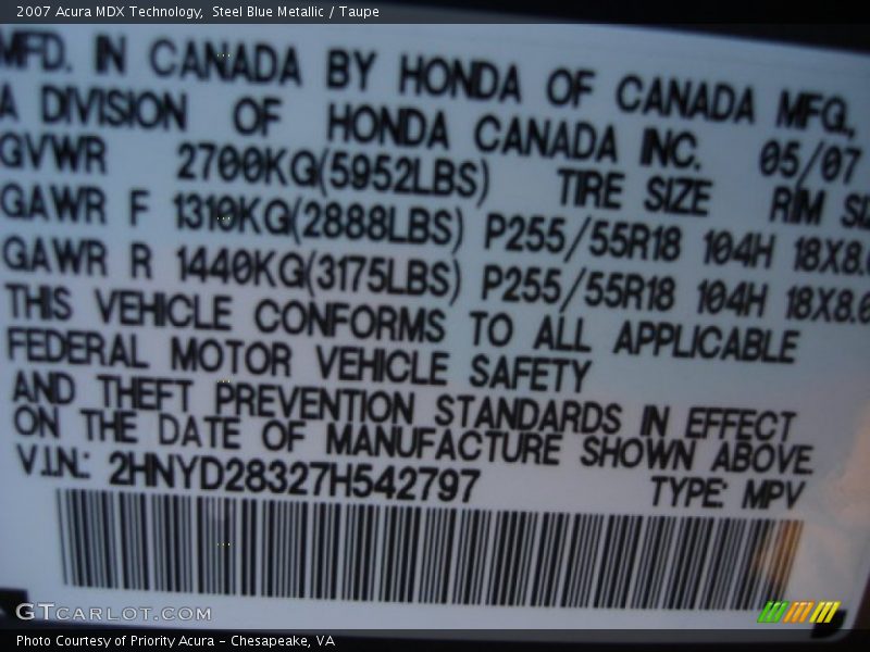 Steel Blue Metallic / Taupe 2007 Acura MDX Technology