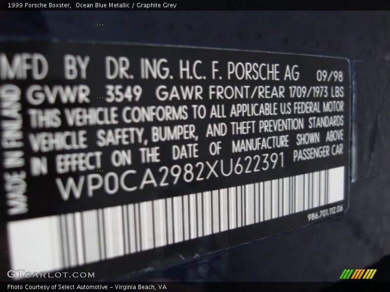Ocean Blue Metallic / Graphite Grey 1999 Porsche Boxster