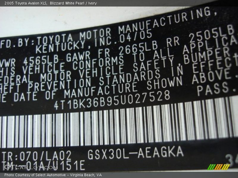 Blizzard White Pearl / Ivory 2005 Toyota Avalon XLS