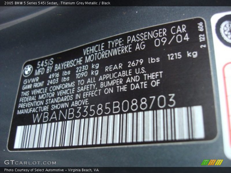 Titanium Grey Metallic / Black 2005 BMW 5 Series 545i Sedan
