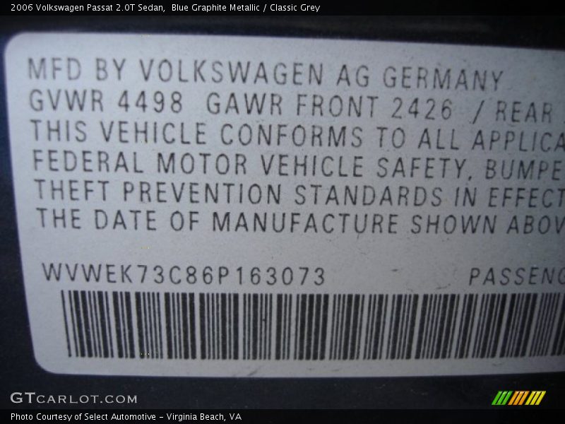 Blue Graphite Metallic / Classic Grey 2006 Volkswagen Passat 2.0T Sedan
