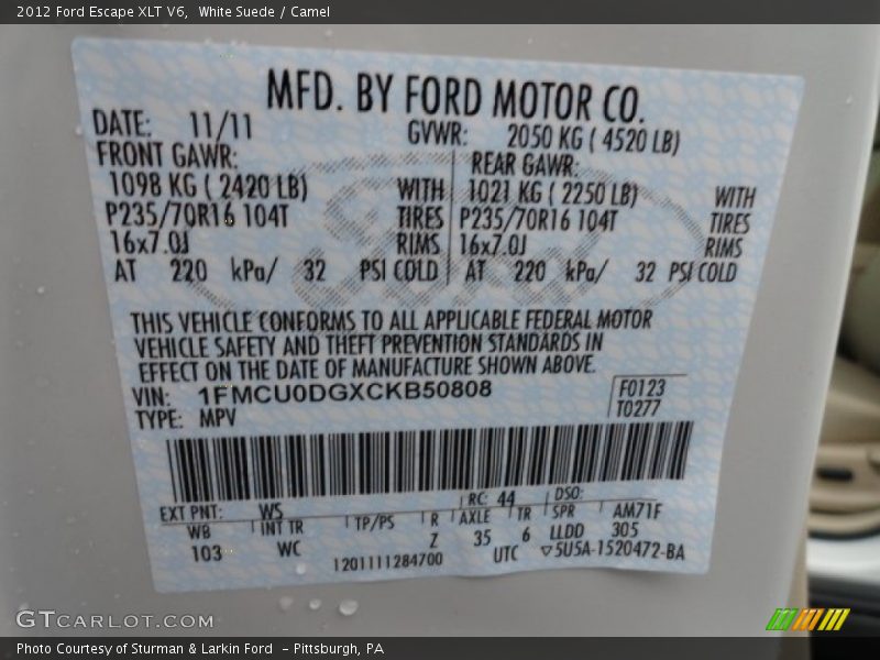 White Suede / Camel 2012 Ford Escape XLT V6