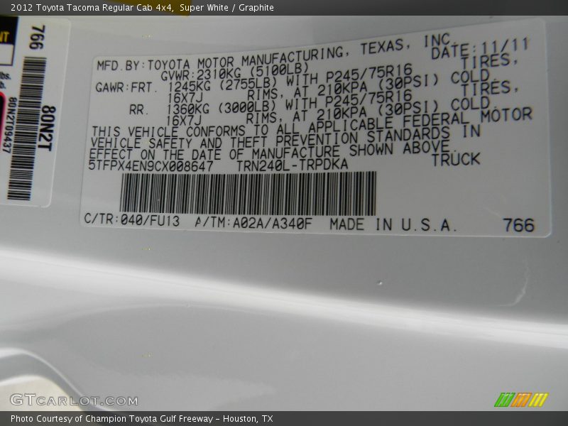 Super White / Graphite 2012 Toyota Tacoma Regular Cab 4x4
